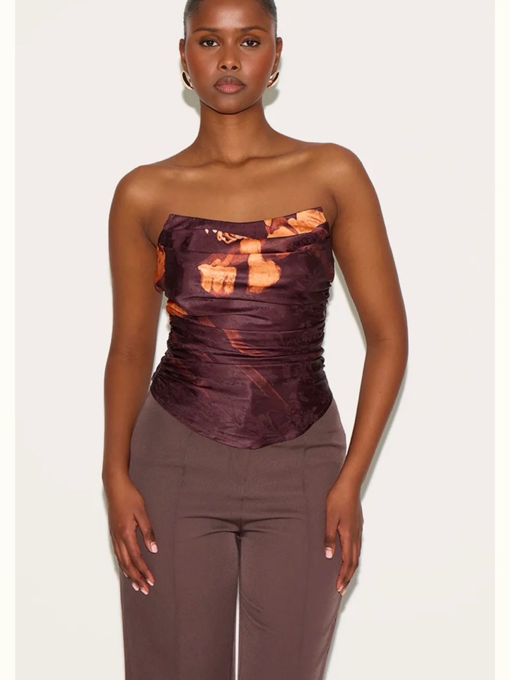 PrettyLittleThing Plum Strapless Satin Crop Top with Orange Floral Detail